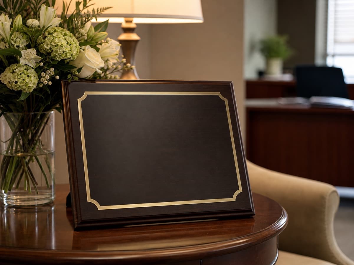 Illustrative blank retirement plaque beside understated farewell flowers