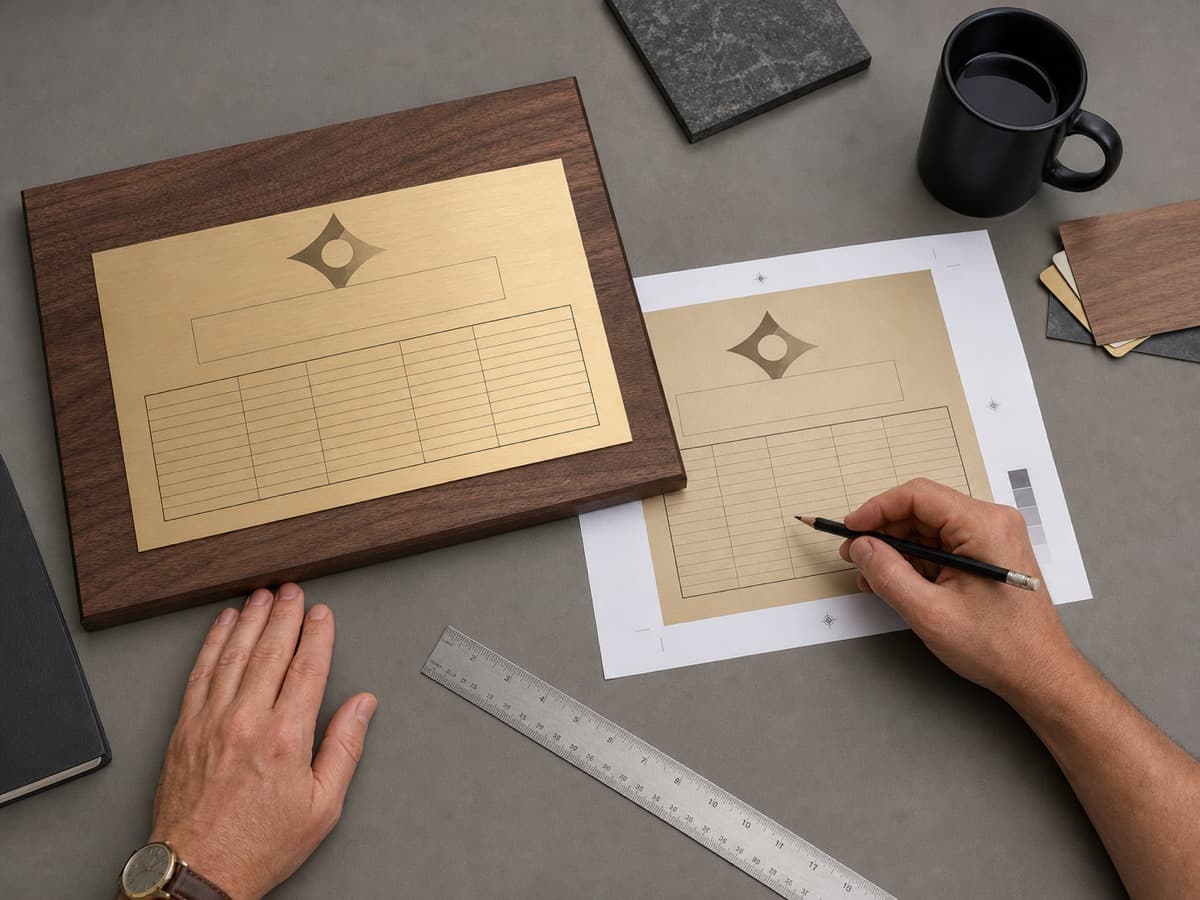Illustrative walnut plaque proof review with a structured recipient grid