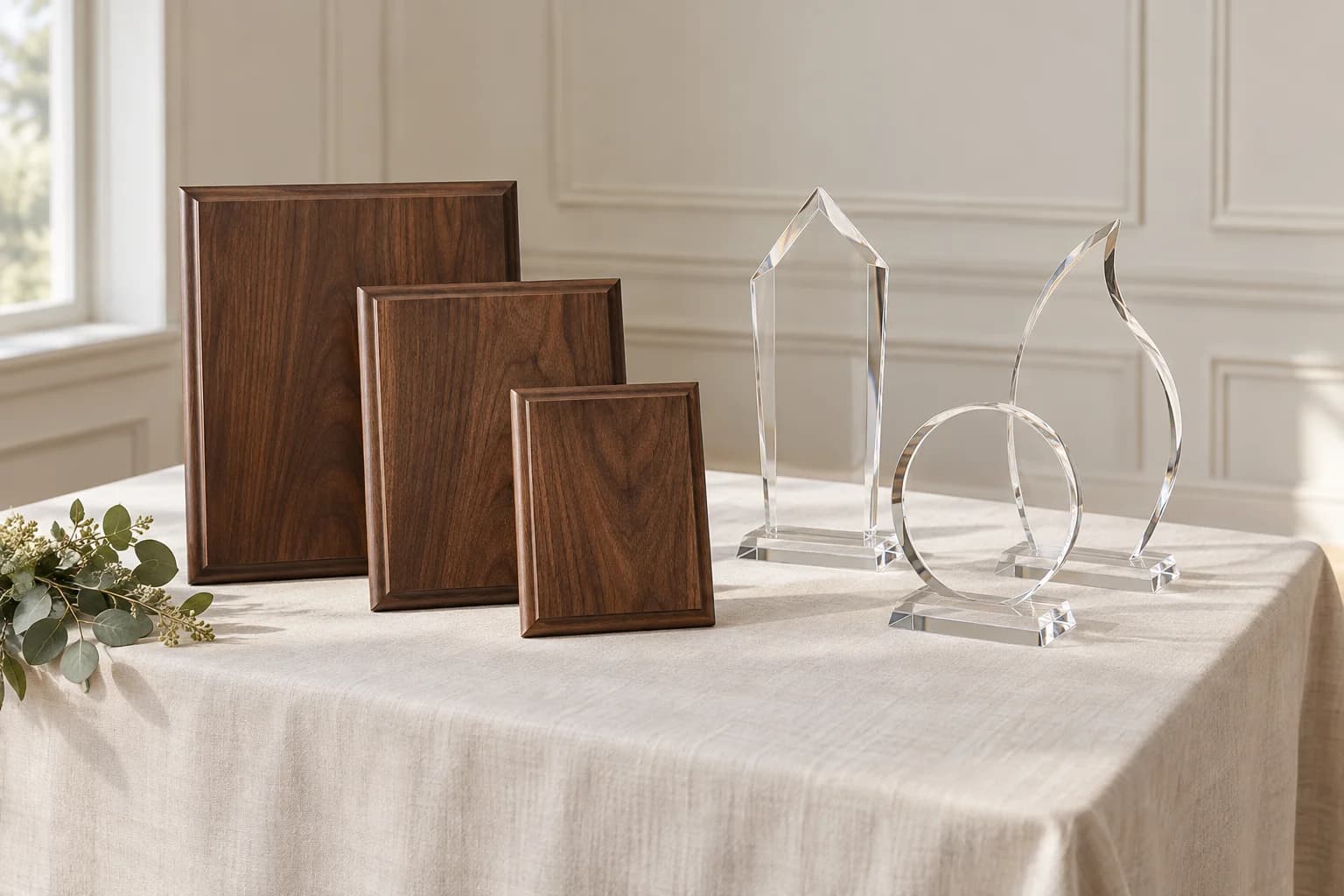 Blank recognition plaques and awards prepared for a workplace presentation