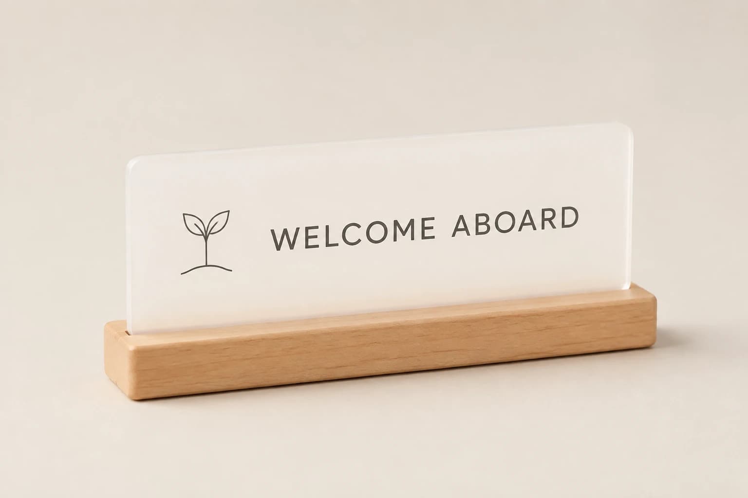 Maple and frosted acrylic welcome desk nameplate.