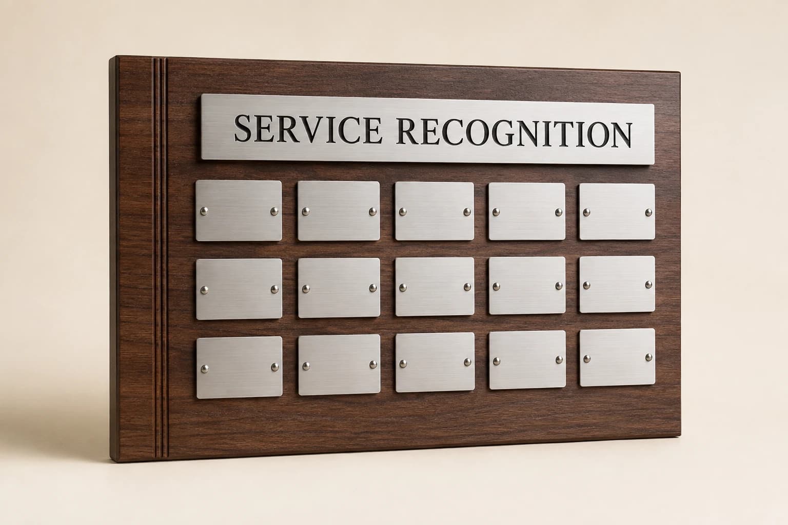 Horizontal walnut service board with fifteen silver recipient plates.
