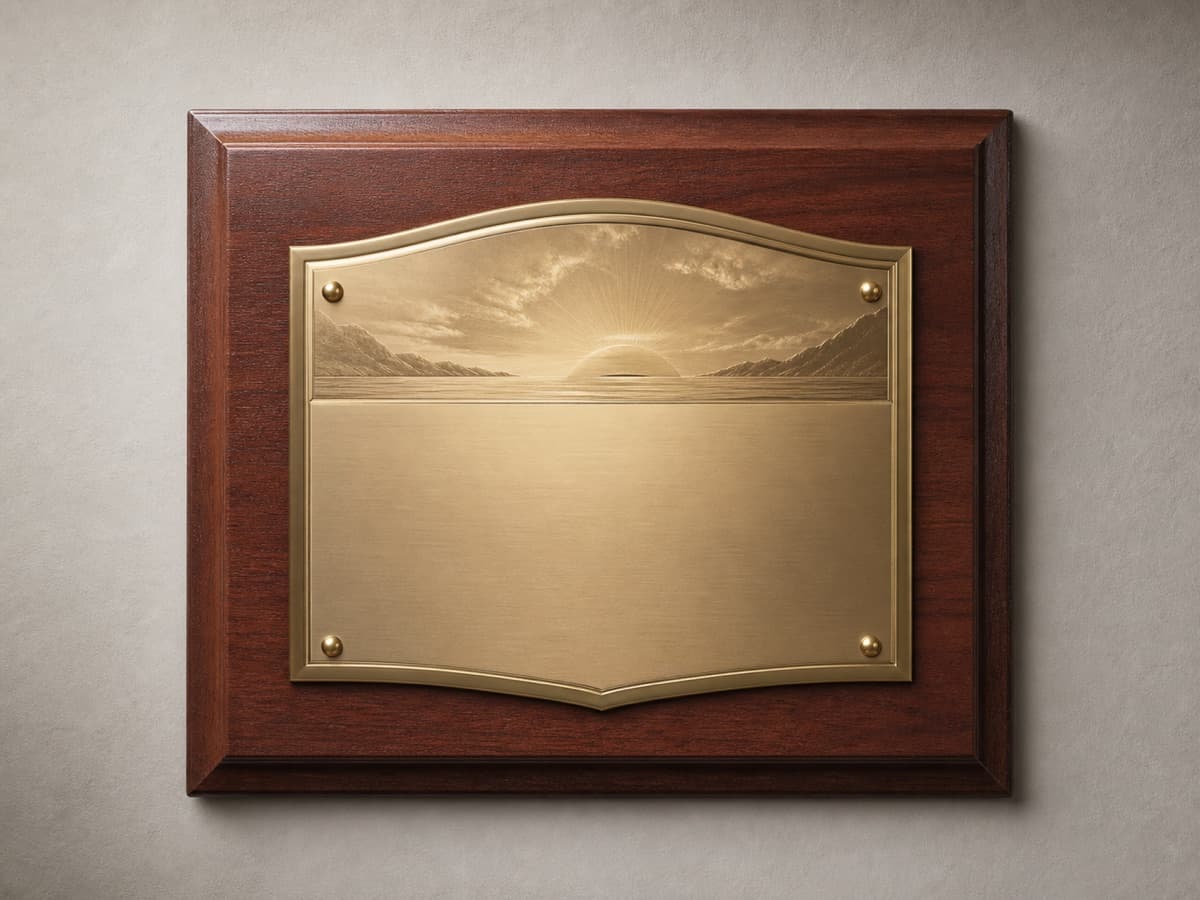 Illustrative cherry wood and brass-toned retirement appreciation plaque