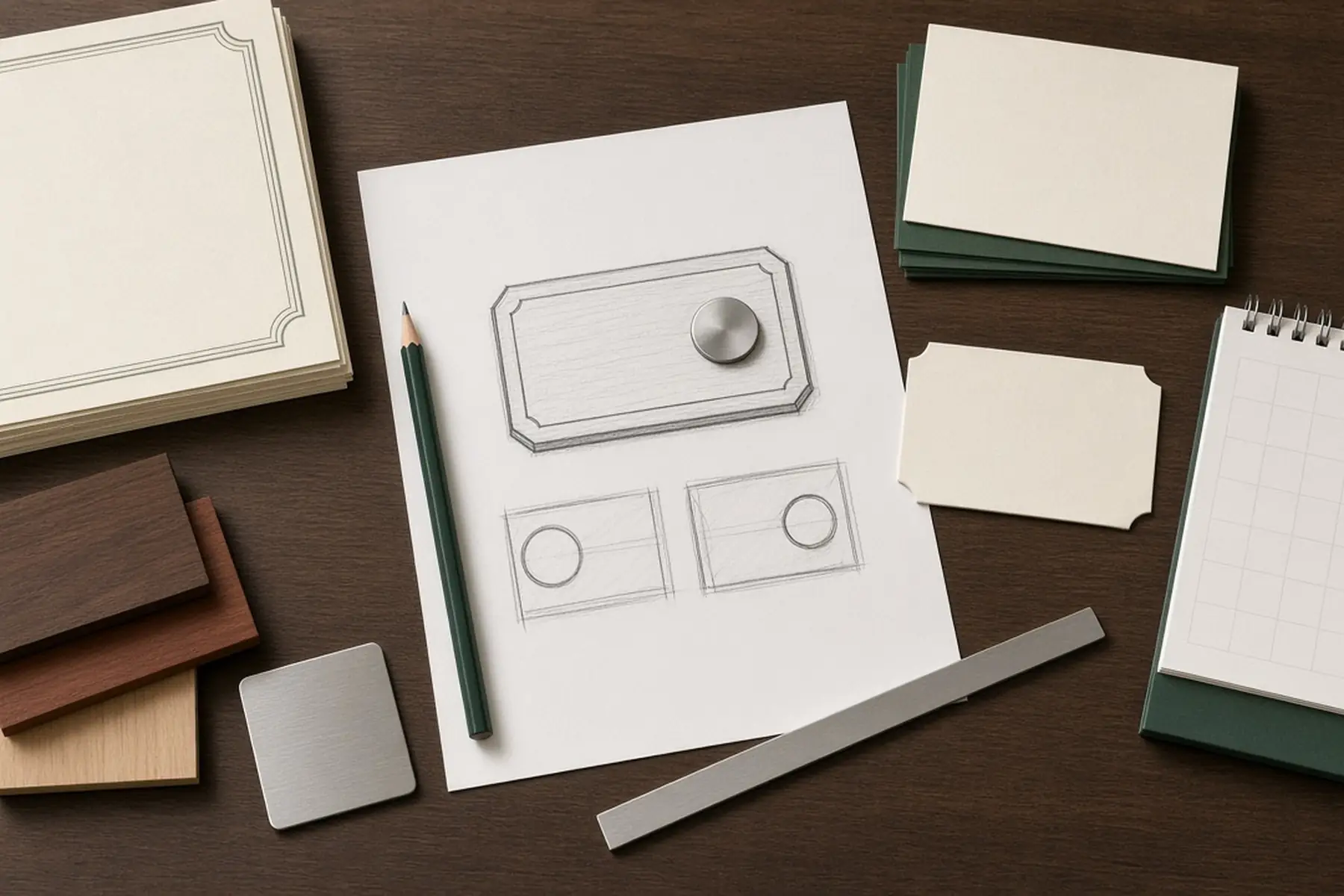 Design planning concept for a Service Milestone Plaque: sketches, material swatches and a blank sample shape
