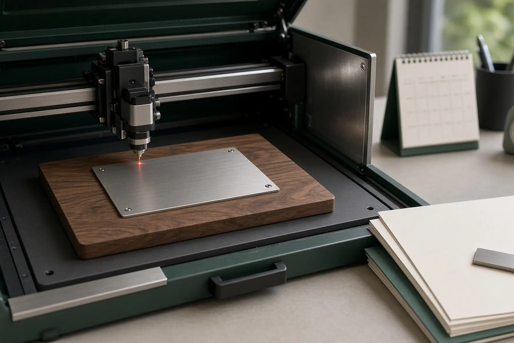 Engraving concept: a blank plate for a Service Milestone Plaque inside an enclosed marking machine