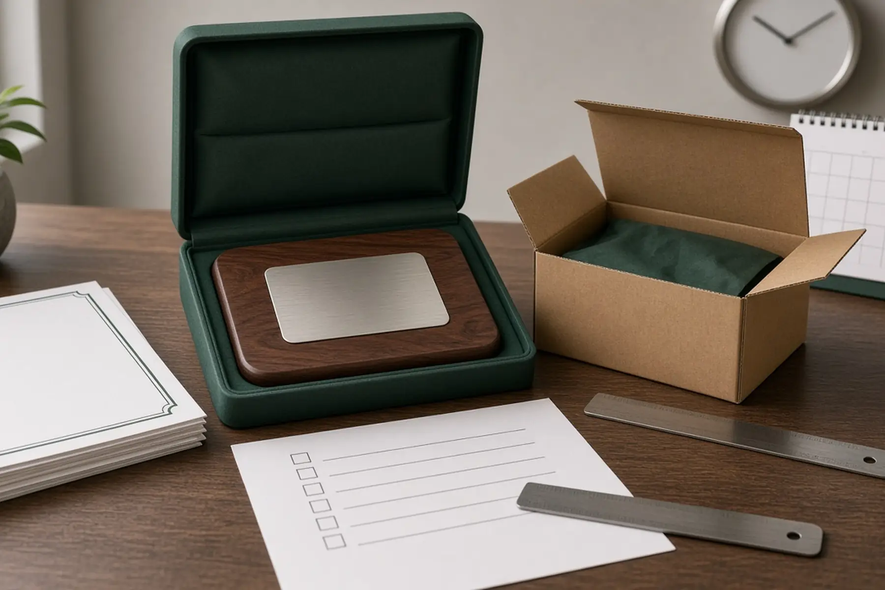 Rush planning concept: a Years of Service Recognition Plaque, carton and checklist arranged around an arrival date